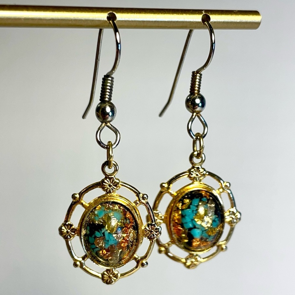 ✨ VTG, Rainbowflake Earrings Pierced Dangles Turquoise Gold Flakes - Picture 12 of 15